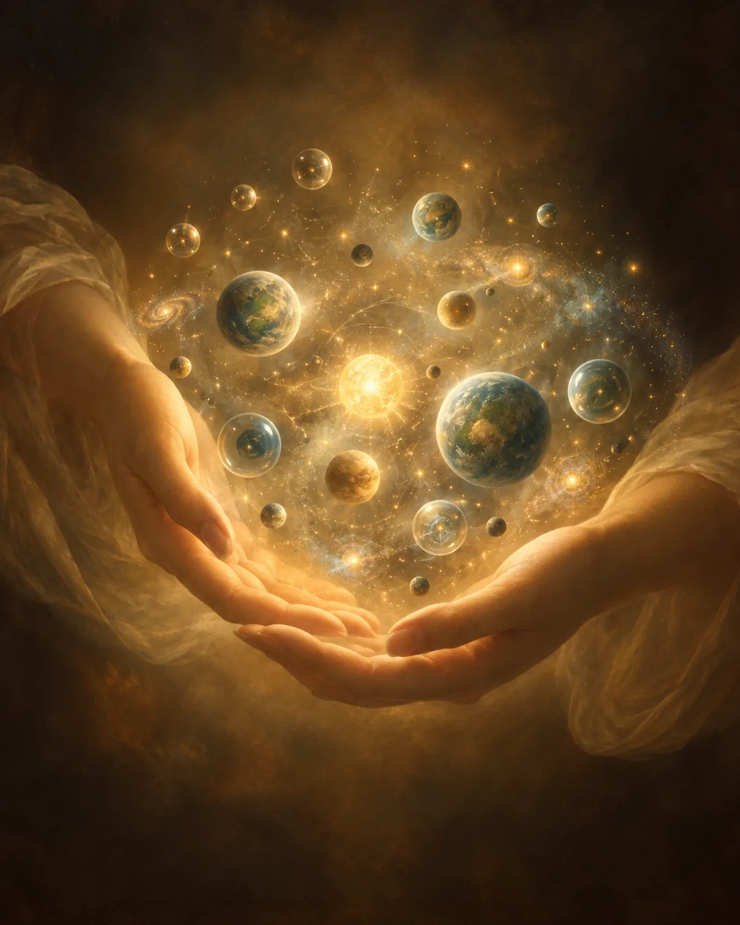 Two open hands in pale glowing veils cradle a cloud of light filled with small worlds around a bright centre.