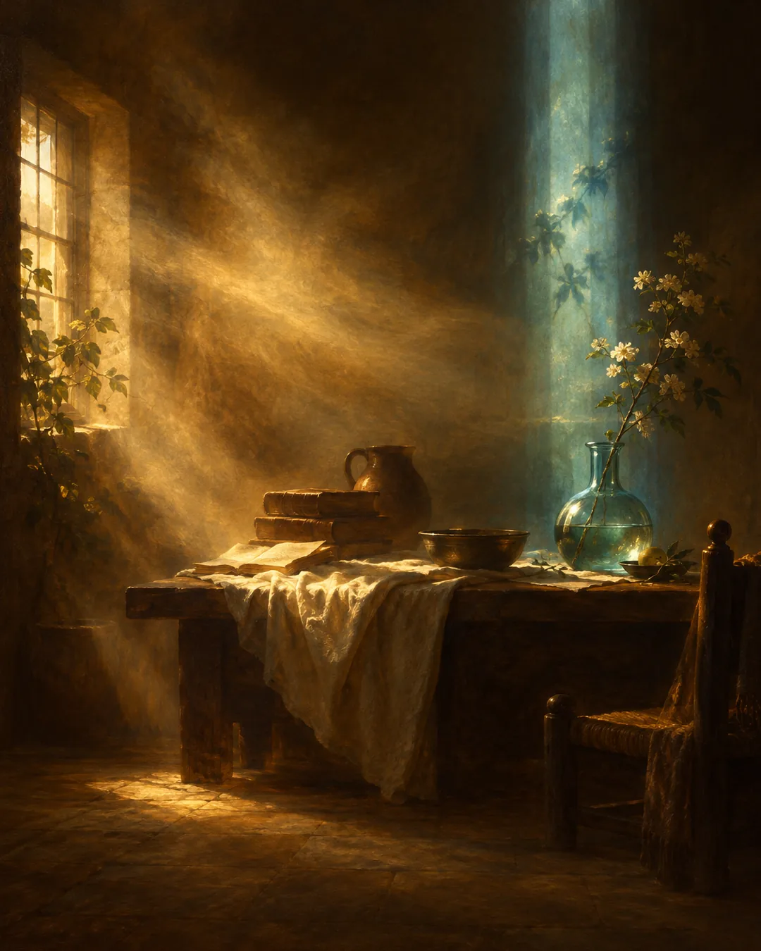 A quiet Dutch room: warm light streams in from a window on the left and a cool blue-green beam falls on the right, over a table with a jug, books, a bowl and a glass vase of flowers.