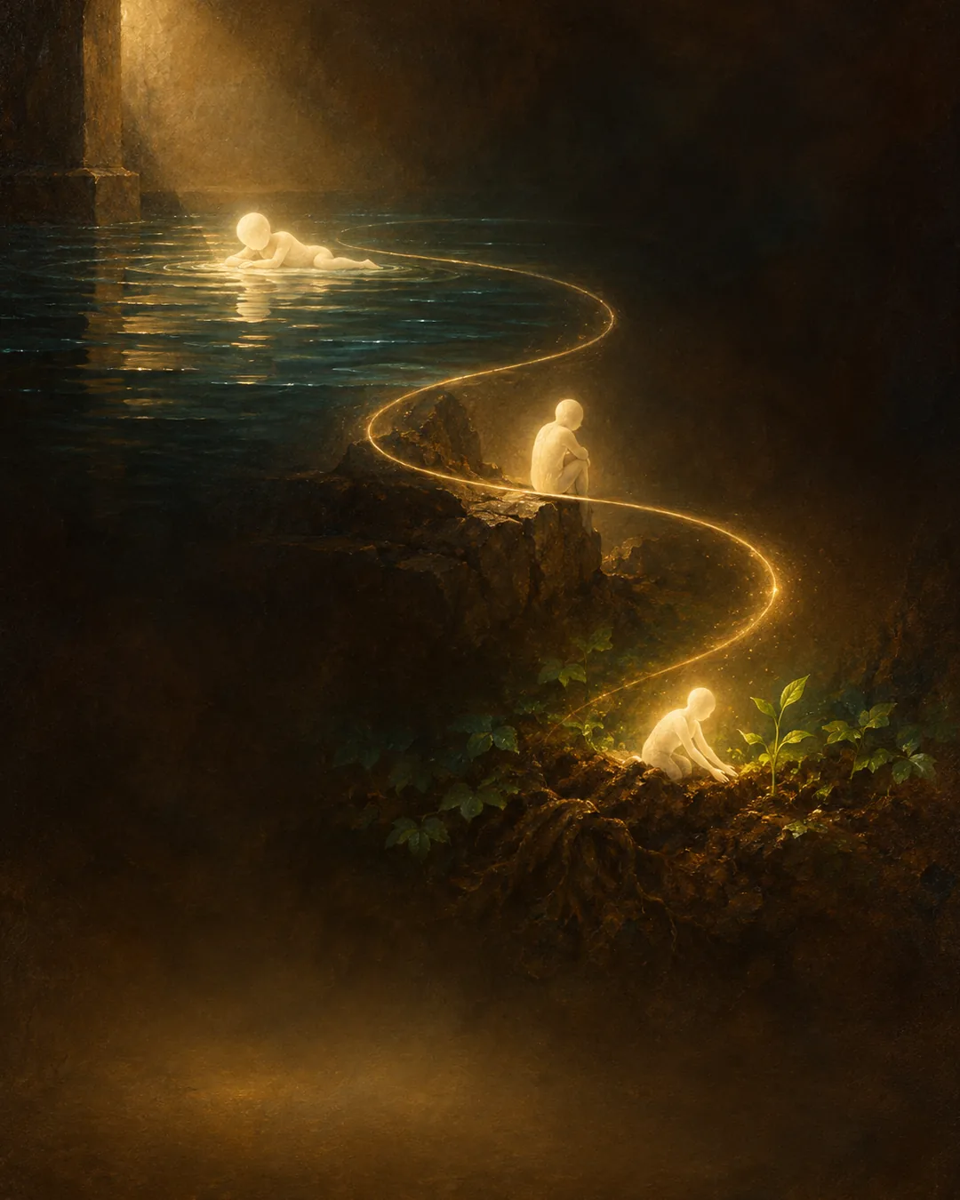 Three small glowing figures along one winding thread of golden light: one lying in dark water, one sitting with knees drawn up on a rock, one kneeling to touch green seedlings in living soil.