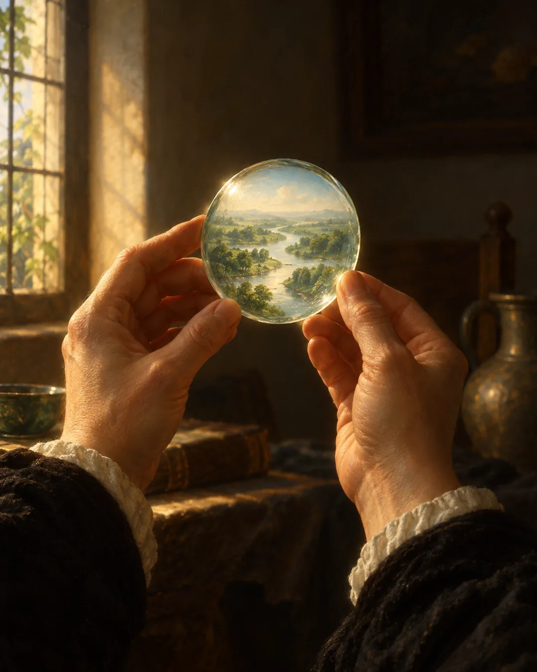 Two hands hold a small round lens out toward the viewer; through it, a green landscape with a winding river, beside a sunlit window.
